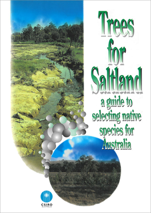 The cover image of Trees for Saltland, featuring a circular and rounded rectangular image of green trees growing in salt land.