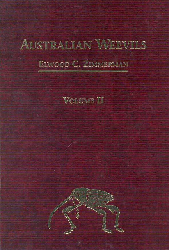 The cover image of Australian Weevils (Coleoptera: Curculionoidea) II, featuring a plain burgundy cover with gold writing, with a small gold weevil in