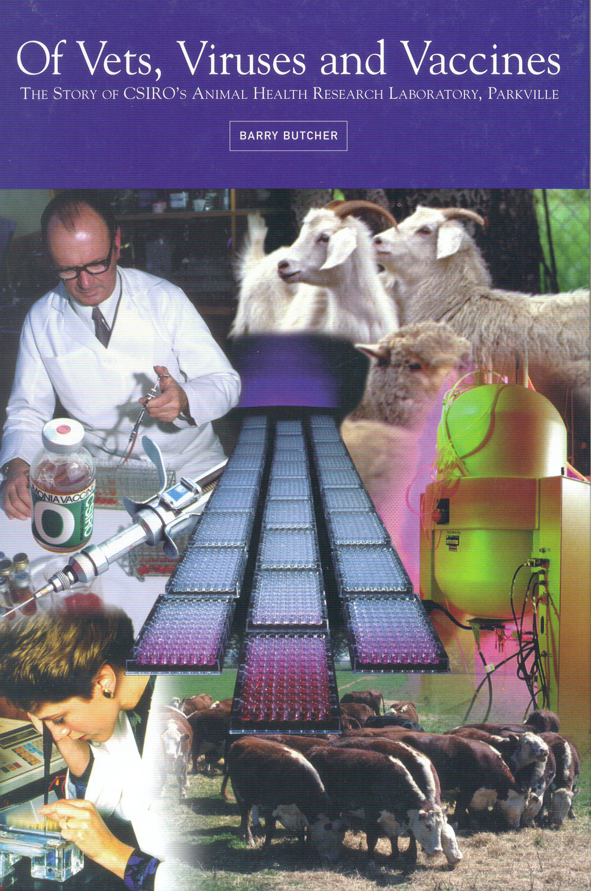 The cover image of Of Vets, Viruses and Vaccines, featuring a collection of images blended into each other of vets, animals and virus equipment.