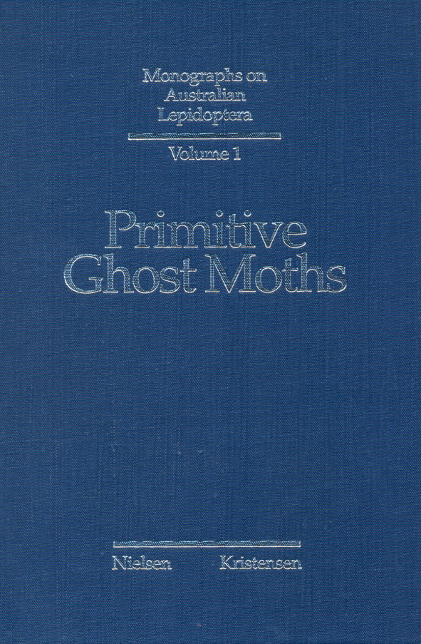 The cover image of Primitive Ghost Moths, is plain blue with silver text.