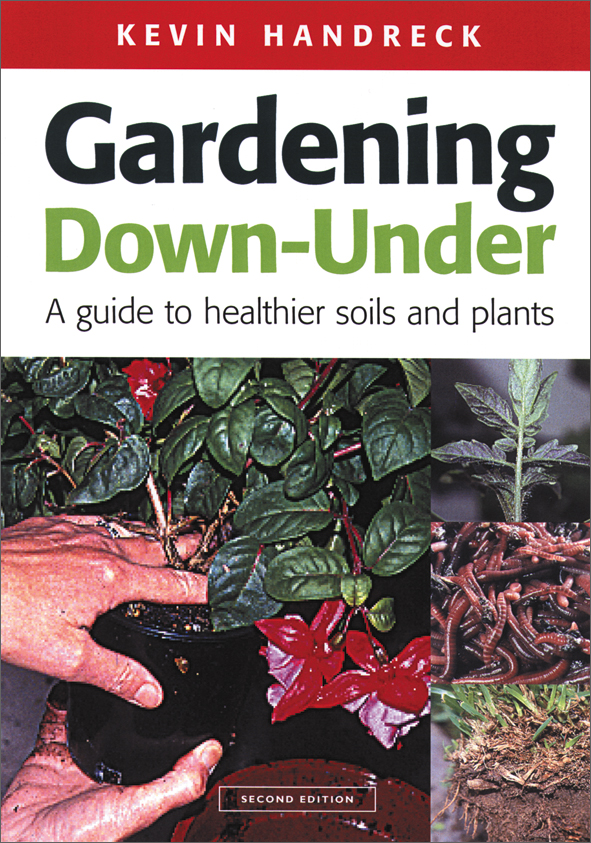 The cover image featuring a persons hands holding a green leaved plant in a black pot.  with three smaller images down the right side of worms, dirt a