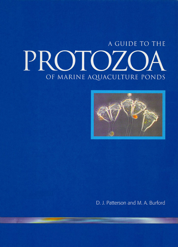 The cover image of Guide to Protozoa of Marine Aquaculture Ponds, featuring a protozoa against a plain grey background, set into a plain medium blue c