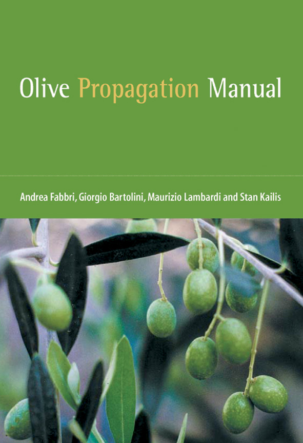 The cover image of Olive Propagation Manual, featuring green olives dangling on a twig with dark green leaves.