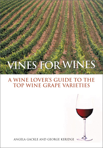 The cover image of Vines for Wines, featuring rows of green grape vines, with a plain white bottom half with a wine glass with red wine.