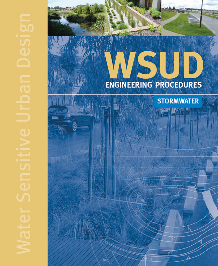 The cover image of WSUD Engineering Procedures: Stormwater, featuring a view of a street garden, covered with a blue image of a topographical map.