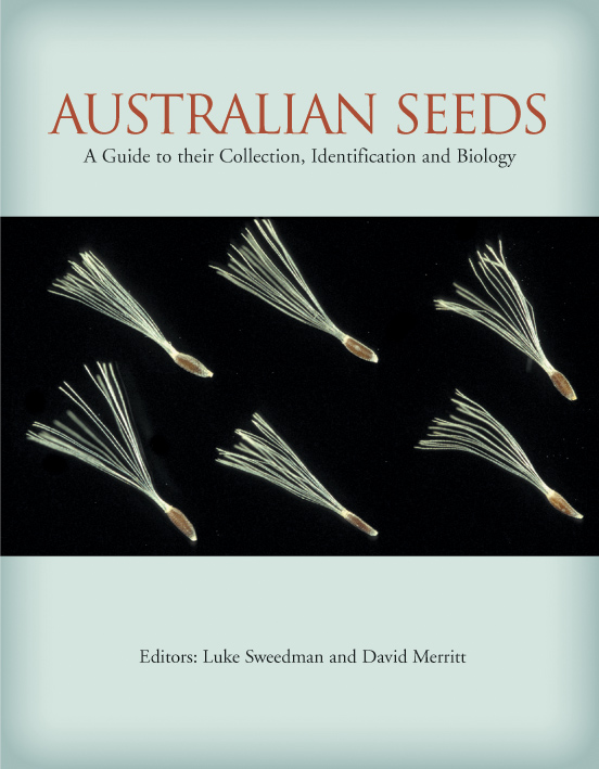 The cover image of Australian Seeds, featuring six seeds with fine white hairs, set against a plain black background.