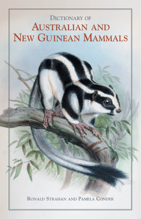 The cover image of Dictionary of Australian and New Guinean Mammals, featuring a small black and white stripped furry animal perched on a branch with