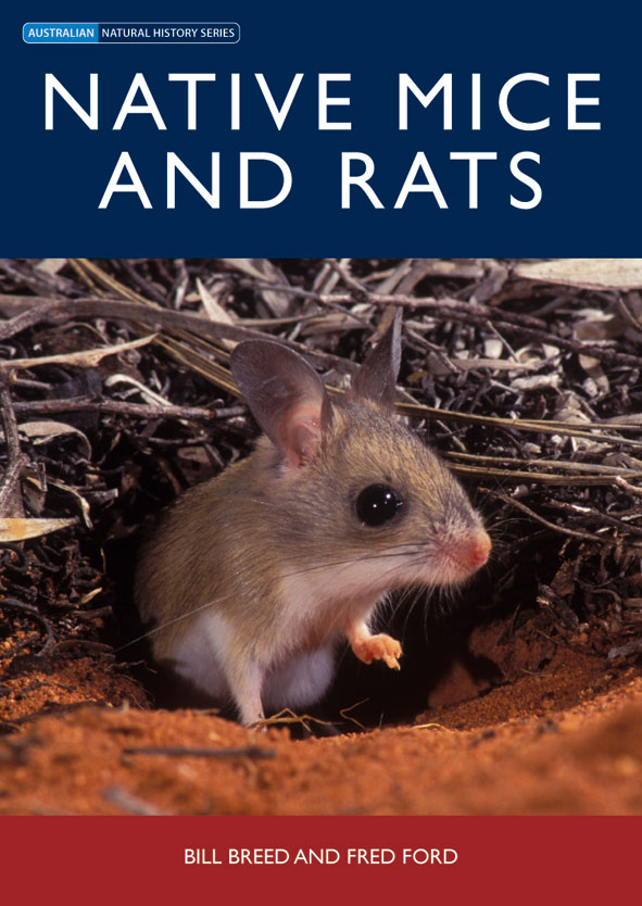 The cover image of Native Mice and Rats, featuring a mouse looking out of a burrow, with red earth in the foreground and bracken in the background.