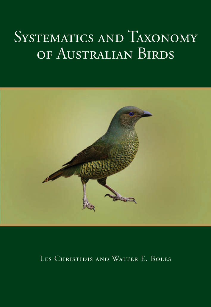 The cover image of Systematics and Taxonomy of Australian Birds, featuring a bird patterned bird, against a plain pale olive green background.