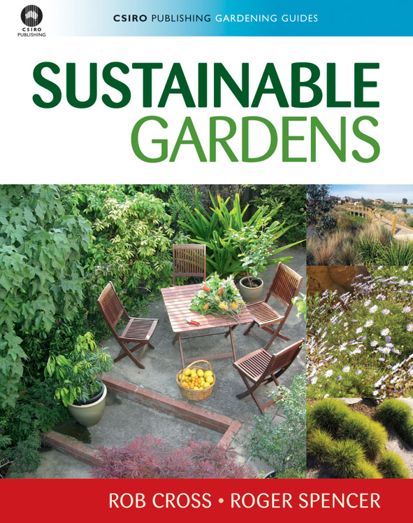 The cover image of Sustainable Gardens, featuring a garden courtyard with a wooden outdoor table setting, with three smaller garden pictures next to i