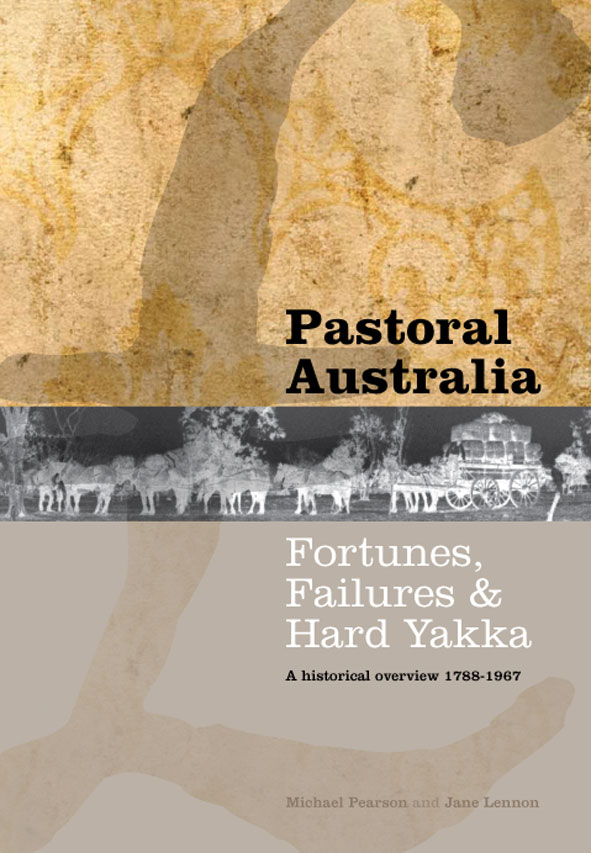 The cover image of Pastoral Australia, featuring a large British pound symbol with a grey strip across the middle of horses pulling a cart carrying ha