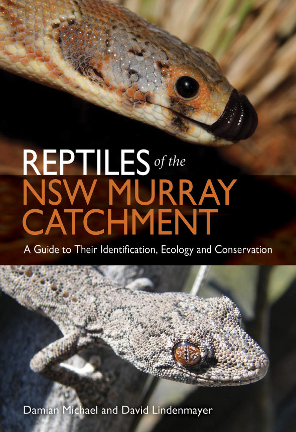 The cover image of Reptiles of the NSW Murray Catchment, featuring a snakes head with a black tipped nose and a grey geecko.