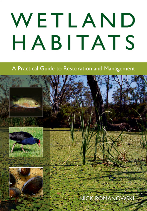 The cover image of Wetland Habitats, featuring a body of water covered in lily pads with three smaller wetland related pictures on the left.