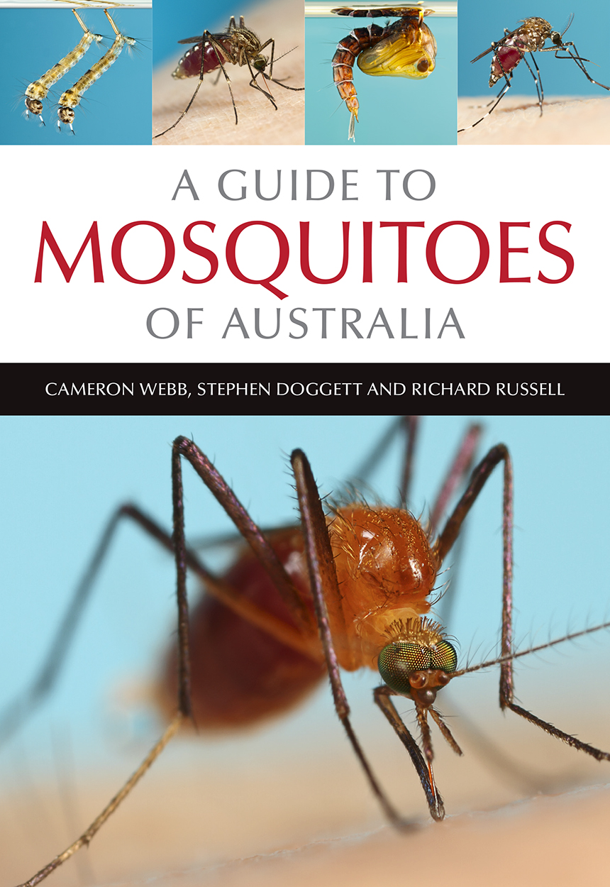 Cover of 'A Guide to Mosquitoes of Australia' featuring a large close-up image of an orange mosquito, as well as four smaller images above the title s
