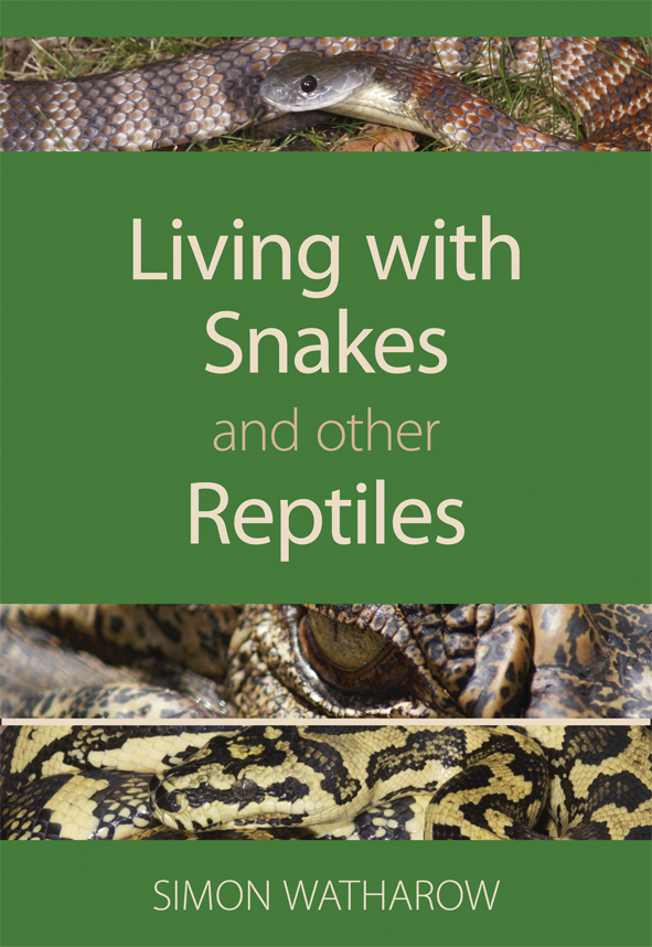 The cover image of Living with Snakes and Other Reptiles, featuring three thin strips with snakes visible set into a plain green background.