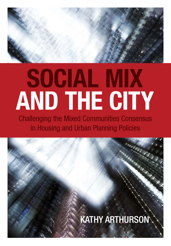 The cover image of Social Mix and the City, featuring a blurred view of city skysrapers, with a thick red strip across the middle with the title.