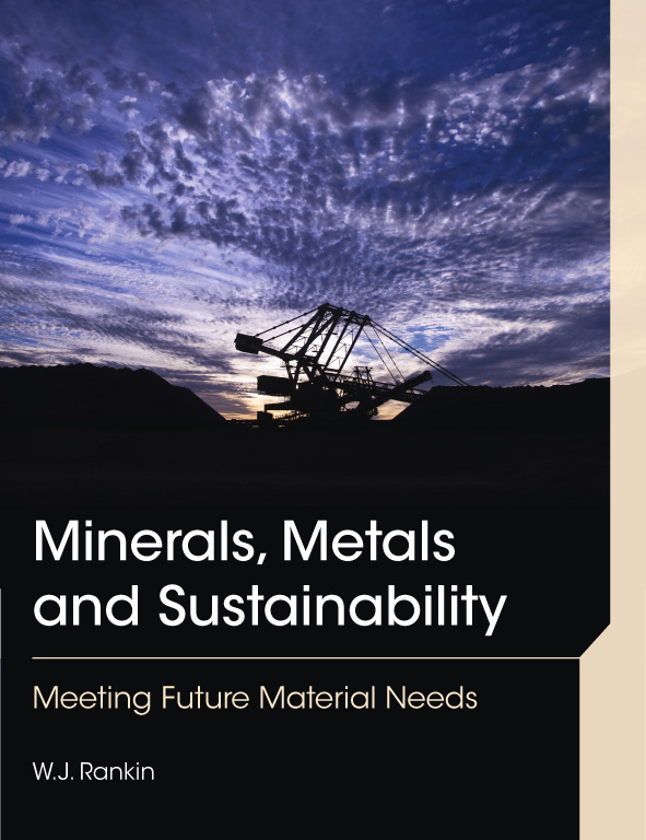 The cover image of Minerals, Metals and Sustainability, featuring a black silhouette of a large mining tool set in the earth against a vivid blue clou