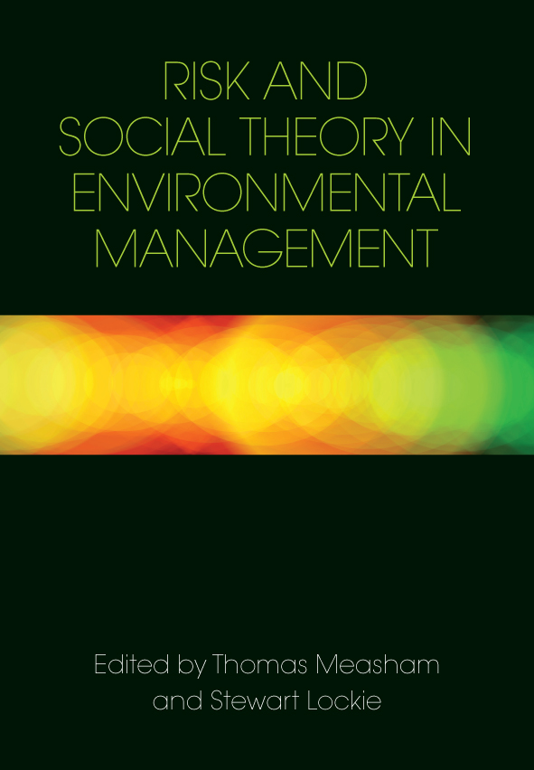 The cover image of Risk and Social Theory in Environmental Management, featuring a bright yellow, red and green strip set into a plain dark green back