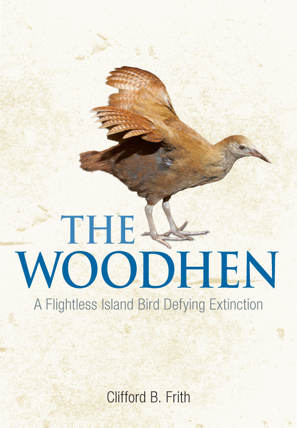Cover image of Woodhen, featuring the side view of a golden brown woodhen with it's wings raised against a pale cream dappled background.
