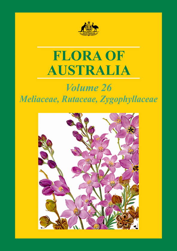 The cover image of Flora of Australia, featuring a green and gold background with an illustration of pink flowers against a white background in the ce