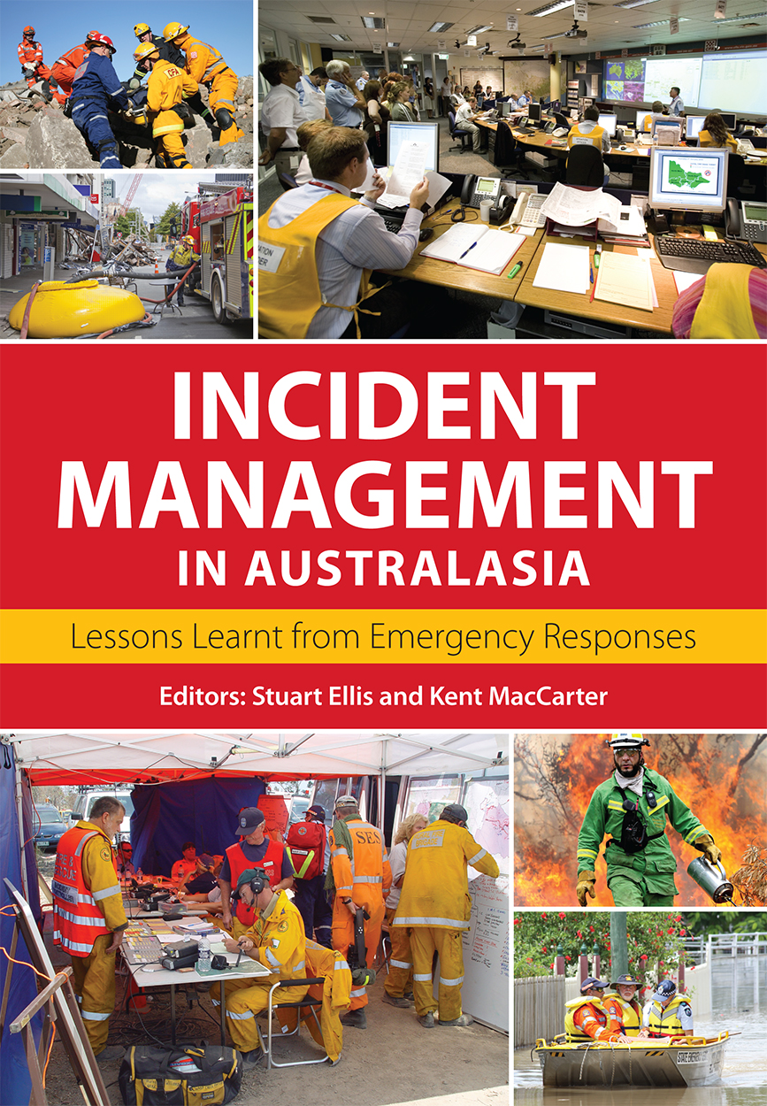 Cover of Incident Management in Australasia featuring photographs of emergency services teams engaged in rescue, firefighting, flood management and pa