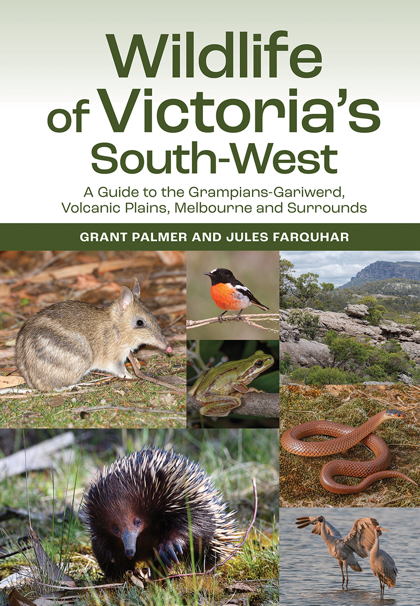 Cover of 'Wildlife of Victoria's South-West', featuring photos of an echidna, bandicoot, frog, snake, robin and brolgas.