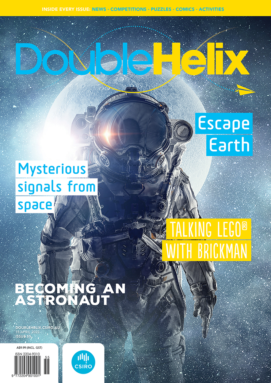 Cover of 'Double Helix' magazine issue 55, featuring an illustration of an astronaut against a backdrop of the moon and star-filled space.
