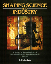 The cover image of Shaping Science and Industry, featuring small images of scientists and a black horse, set into orange toned squares, with a plain b