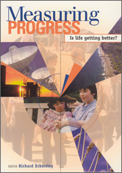 The cover image of Measuring Progress: Is Life Getting Better?, featuring a circular pale peach image of people standing, layered by triangular slices