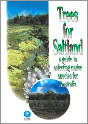 The cover image of Trees for Saltland, featuring a circular and rounded rectangular image of green trees growing in salt land.