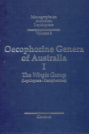 The cover image of Oecophorine Genera of Australia I, is plain blue with silver text.