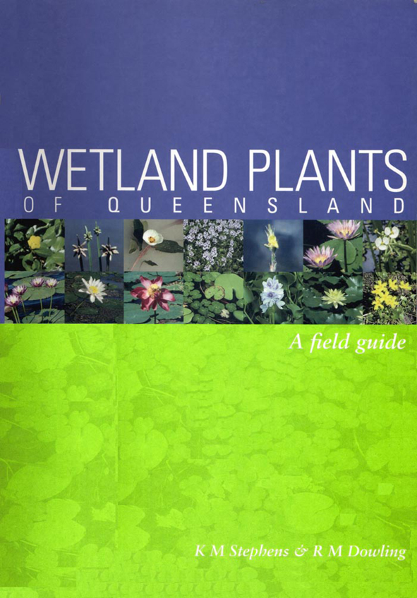 The cover image of Wetland Plants of Queensland, featuring a bright green lightly patterned bottom half,a plain blue top third and a tiled middle sect