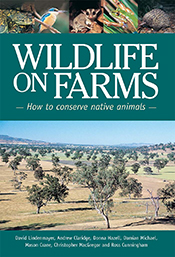 The cover image of Wildlife on Farms, featuring a panoramic view of farm land with sporadic trees and clear green and brown grass.