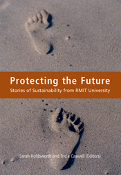The cover image of Protecting the Future, featuring sand with two footprints in it.