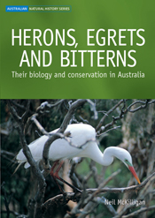 The cover image of Herons, Egrets and Bitterns, featuring a large white bi