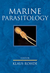 The cover image of Marine Parasitology, featuring a pale yellow marine parasite against a plain black background, set into a blue background.