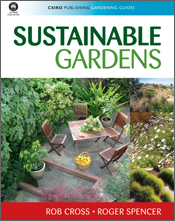 The cover image of Sustainable Gardens, featuring a garden courtyard with