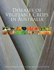 The cover image featuring eight thin strip pictures of diseased vegetable crops against a background of close up flat greyish green leaves.