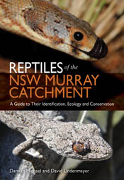 The cover image of Reptiles of the NSW Murray Catchment, featuring a snakes head with a black tipped nose and a grey geecko.