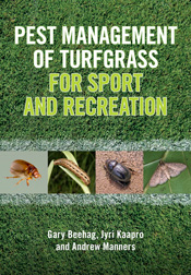 Cover of Pest Management of Turfgrass for Sport and Recreation featuring images of four pests on a background of turf.