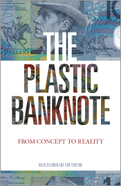 Cover of 'The Plastic Banknote' featuring the Banjo Patterson side of an Australian $10 polymer banknote.