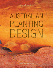 The cover image of Australian Planting Design, features a yellow, orange and red blend of peeling and cracked paint.