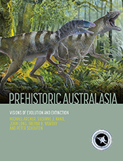 Cover of 'Prehistoric Australasia', featuring a painting of two predatory theropods running through rainforest.