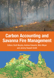 Cover shows a photo of a savanna fire at the top and a map of the top end of Australia showing fire frequency at the bottom. The title is in an orange