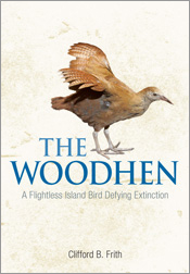 Cover image of Woodhen, featuring the side view of a golden brown woodhen with it's wings raised against a pale cream dappled background.