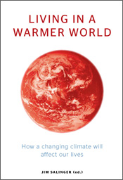 The cover image of Living in a Warmer World, featuring a picture of the earth in a dark red colour against a plain white background.