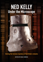 Cover image of Ned Kelly, featuring Ned Kelly's helmet on a brown textured background