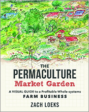 Cover with loose drawing in greens and reds of permaculture market garden.