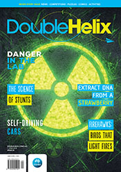 Cover of Double Helix magazine Issue 24 featuring an illustration of glowing yellow HAZMAT symbol.