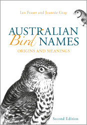 Cover of Australian Bird Names 2nd Edn featuring a line illustration of a